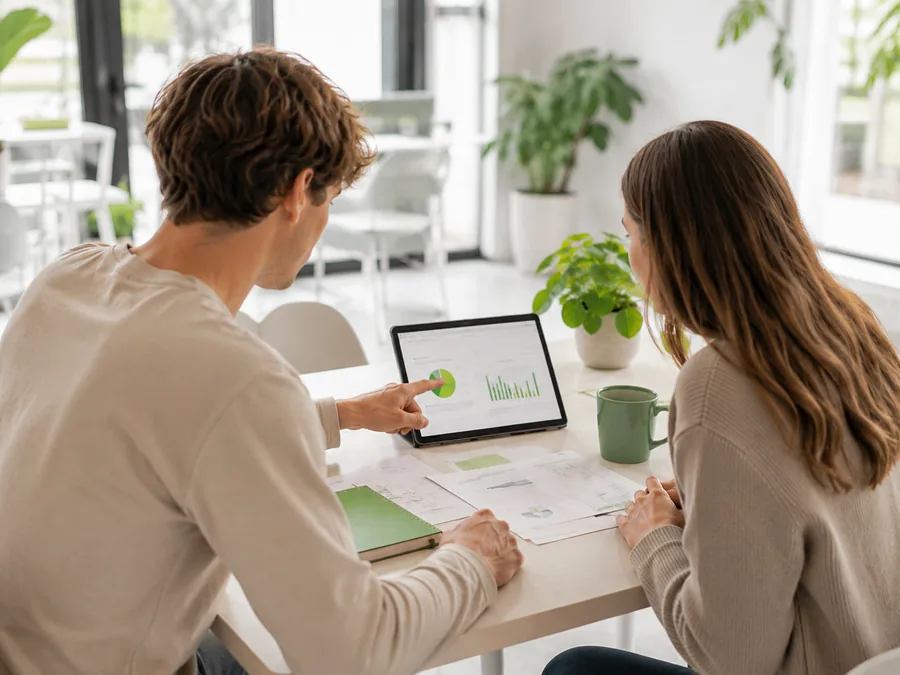 Zwei Personen besprechen gemeinsam Auswertungen auf einem Tablet