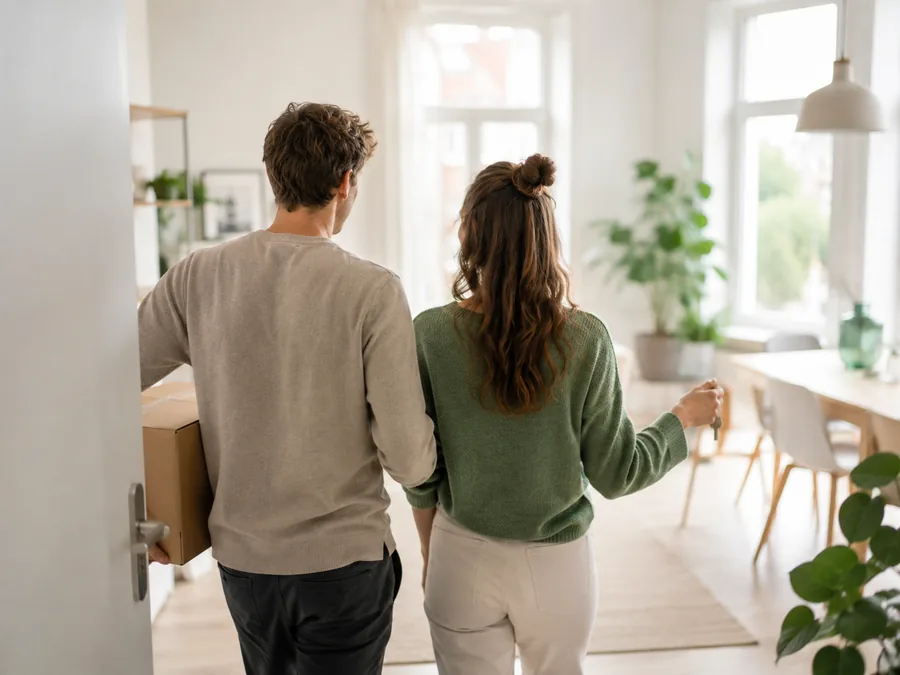 Junges Paar trägt einen Umzugskarton in die neue Wohnung, sie hält den Schlüssel