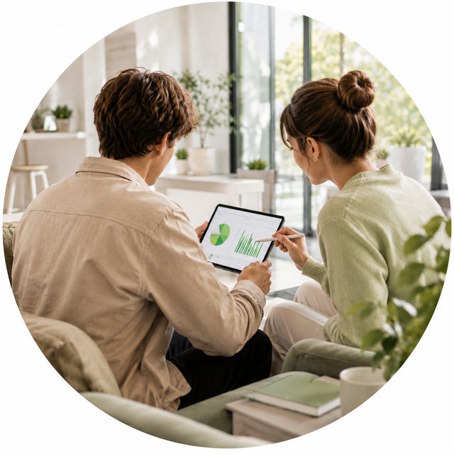 Zwei junge Leute schauen gemeinsam auf ein Tablet mit Finanz-Charts