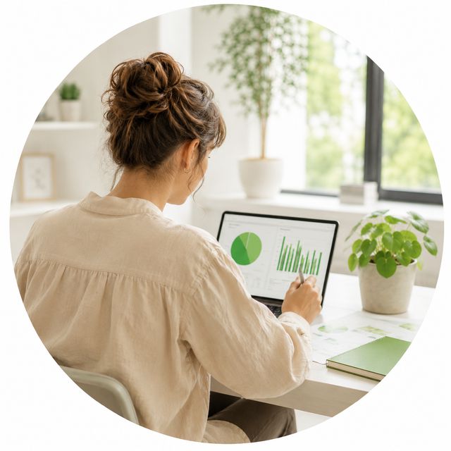 Frau sitzt am Laptop und arbeitet an ihrem Finanzplan mit grünen Diagrammen