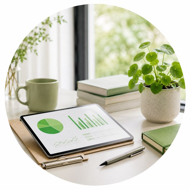 Tablet mit einem Finanzplan aus grünen Diagrammen auf einem Schreibtisch mit Kaffee und Pflanze
