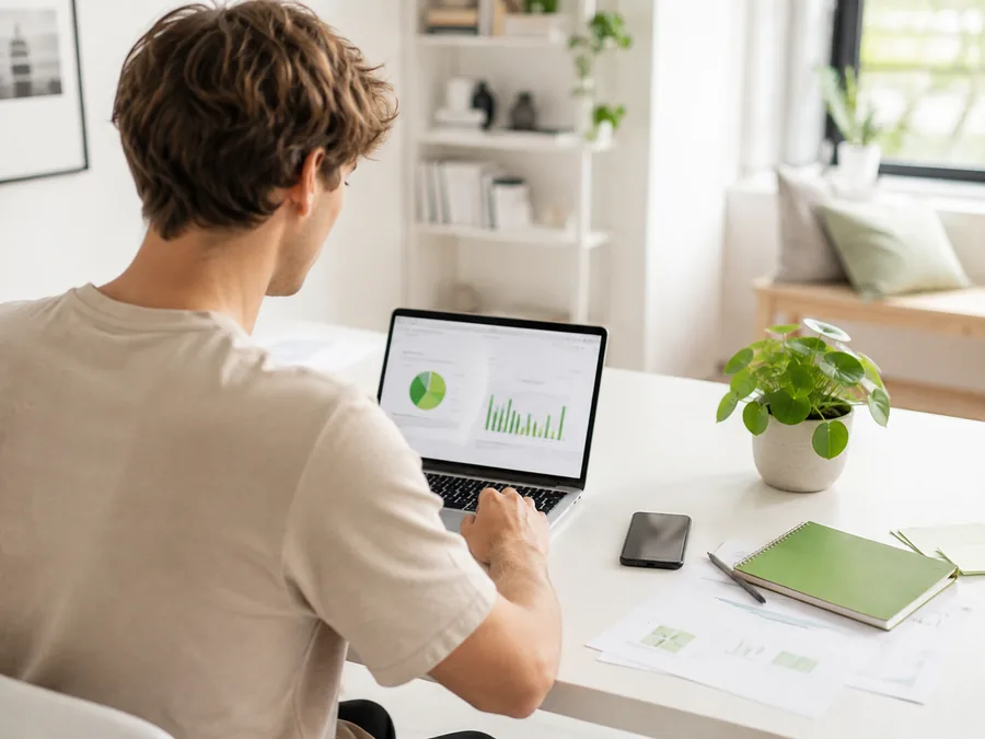 Person arbeitet im hellen Homeoffice am Laptop mit grünen Auswertungen